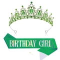 Ensemble écharpe et diadème Birthday Girl vert émeraude avec paillettes et cristaux - Tiara Blanc Argenté (Écharpe Fille Verte)