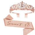 Set compleanno Sweet 16 oro rosa con corona di strass e fascia glitterata per feste ragazze - Set Oro Rosa 16 Anni