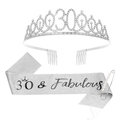 Silver 30th birthday set with 30 & Fabulous glitter sash, tiara, and pearl safety pin - Sash Crown Pin Set / 30th Birthday Silver (Style 2)