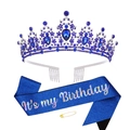 Set aus blauer Glitzerschärpe mit Geburtstagsschriftzug und Diadem mit Strasssteinen - Krone & Schärpe / Dunkelblaues Set