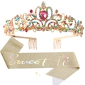 Set corona e fascia Sweet 16 dorata con cristalli multicolore per feste di compleanno - Set Corona Colorata Fascia Oro 16 Anni