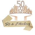 50th Birthday set with golden rhinestone tiara and 50 & Fabulous glitter sash - Gold (50th Birthday Set)
