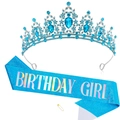Écharpe d'anniversaire bleue pailletée et diadème en strass assorti pour les fêtes - Tiara Blanc Argenté (Écharpe Fille Bleu Lagon)