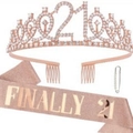 Rose gold 21st birthday set with crystal tiara, pink Finally 21 sash, and pin accessory - Sash Crown Pin Set / Finally 21 Rose Gold Set