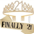 Golden 21st birthday set with a rhinestone crown and Finally 21 glitter sash with pin - Sash Crown Pin Set / Finally 21 Gold