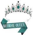 Ensemble Birthday Queen comprenant un diadème argenté à cristaux émeraude et écharpe verte - Tiara Blanc Argenté (Écharpe Reine Vert Foncé)