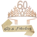 Rose gold 60th birthday tiara with rhinestones and pink glitter sash for women - Gold (60th Birthday Set)