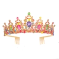 Golden bridal crown with purple pear-shaped gemstone and multi-color crystal inlay - Deep Mixed Colors