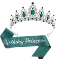 Écharpe Birthday Princess verte avec diadème en cristal argenté et strass vert émeraude - Tiara Blanc Argenté (Écharpe Princesse Vert Foncé)
