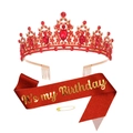 Geburtstag-Set mit roter Strass-Krone und It's my Birthday Schärpe mit goldener Schrift - Krone & Schärpe / Set mit roten Zirkonia