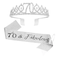 Silver 70th birthday tiara and sash set with 70 & Fabulous print and pearl pin - Sash Crown Pin Set / 70th Birthday Silver Kit