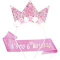 Pink glitter 6th birthday tiara crown and matching It's my 6th Birthday sash set - Age 6 Set