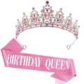 Ensemble tiare en strass rose et écharpe Birthday Queen rose pailletée pour fêtes - Tiara Base Argent (Écharpe Reine Rose)