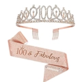 100th Birthday rose gold rhinestone tiara with Fabulous sash and pearl safety pin set - Sash Crown Pin Set / 100th Birthday Rose Gold