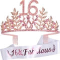 Rose gold 16th birthday set with pink rhinestone tiara and 16 & Fabulous white satin sash - 16th Birthday Pink Set