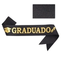 Banda de graduación negra con purpurina, texto GRADUADO dorado y símbolos académicos - Talla única / Correa Negra