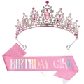 Écharpe rose Birthday Girl avec texte iridescent et ensemble tiare en strass - Tiara Base Argent (Écharpe Fille Rose)