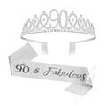 Silver 90th birthday set with 90 & Fabulous sash, rhinestone tiara and pearl pin - Sash Crown Pin Set / 90th Birthday Silver