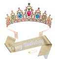 Geburtstagsset mit goldener Strasskrone und glitzernder Schärpe mit It's my Birthday - Krone & Schärpe / Mehrfarbig Set