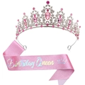 Coffret écharpe Birthday Queen rose pailletée et tiare baroque argentée et rose - Tiara Base Argent (Écharpe Reine Italique Rose)
