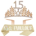 15th Birthday rose gold rhinestone tiara with glittery 15 & FABULOUS sash set - 15th Birthday Gold Set