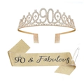 90th birthday party kit with gold glitter sash, rhinestone tiara and pearl pin - Sash Crown Pin Set / 90th Birthday Gold