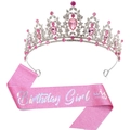 Ensemble couronne d'anniversaire en strass roses et écharpe pailletée pour fête - Tiara Base Argent (Écharpe Fille Italique Rose)