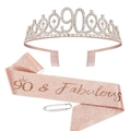 90th birthday set with rose gold rhinestone tiara, 90 & Fabulous sash, and pearl pin - Sash Crown Pin Set / 90th Birthday Rose Gold