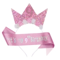 Pink glitter 9th birthday crown headband and sash set for 9-year-old girls party - Age 9 Set