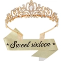 Kit Sweet Sixteen avec couronne en strass dorés et écharpe pailletée pour anniversaire - Ensemble Or
