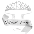 Silver 13th birthday set with crystal tiara, Official Teenager sash, and pearl pin - Sash Crown Pin Set / 13th Birthday Silver