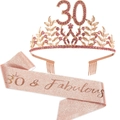 Rose gold 30th birthday crown with pink rhinestones and 30 & Fabulous glitter sash set - 30th Birthday Pink Diamond Set