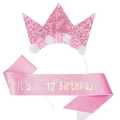 Pink sequin 12th birthday crown headband and sash set for young girls party - Age 12 Sash And Headband