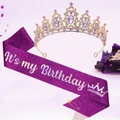 Ensemble écharpe et couronne d'anniversaire violet foncé scintillant pour femmes - Tiara Or Violet (Écharpe Anniversaire Violet Foncé)(3)