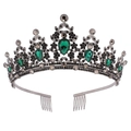 Baroque bridal tiara with green teardrop gemstones and black crystal crown detailing - Black Base - Black Rhinestone & Green Glass