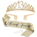 Gold 13th birthday set with glitter sash, rhinestone tiara and pearl safety pin - Sash Crown Pin Set / 13th Birthday Gold