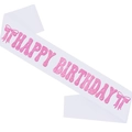 Banda de satén blanca para cumpleaños con texto Happy Birthday y lazos brillantes - Blanco Letra Rosa (Happy Birthday)