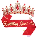Ensemble Birthday Queen avec couronne dorée à pierres rouges et écharpe rouge brillante - Tiara Diamant Rouge Or (Écharpe Fille Rouge)(6)