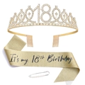 18th birthday set with gold rhinestone crown, glitter sash and pearl safety pin - Sash Crown Pin Set / 18th Birthday Gold Combo