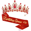 Ensemble Birthday Queen avec écharpe rouge pailletée et couronne dorée à strass - Tiara Diamant Rouge Or (Écharpe Reine Rouge B)(5)