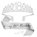 18th Birthday Set with silver rhinestone tiara, glitter sash, and pearl safety pin - Sash Crown Pin Set / 18th Birthday Silver