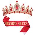 Ensemble Birthday Queen avec tiare dorée en strass et écharpe rouge pailletée - Tiara Diamant Rouge Or (Écharpe Reine Rouge C)(7)