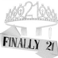 Rose gold 21st birthday set with tiara, Finally 21 sash, and pearl pin accessory - Sash Crown Pin Set / Finally 21 Silver