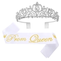 Prom Queen set featuring a silver rhinestone crown and white satin sash with gold lettering - Crown and Sash
