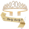 30th birthday set with gold rhinestone crown, Dirty thirty sash, and pearl pin - Sash Crown Pin Set / Dirty 30th Birthday Gold