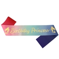 Colorful gradient Birthday Princess mermaid sash with golden cursive text and silhouette - Birthday Princess Style (2)