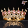 Golden Baroque crown with pink teardrop gemstones and white rhinestones for brides - Gold White & Pink