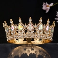 Detailed close-up of golden baroque crown with iridescent teardrop stones and rhinestones - Gold White & AB Rhinestone