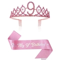 Pink and rose gold 9th birthday party set with glitter sash and rhinestone tiara crown - 9th Birthday Rose Gold Pink Kit