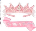 Pink glitter 4th birthday crown headband with satin sash set for young girls - Type C Age 4 Sash And Headband
